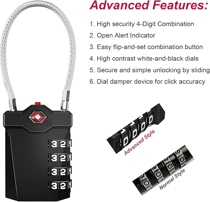 ZHEGE TSA Approved Locks for Luggage, Cable Locks with White Number, 4 Digit Combination Locks with Inspection Indicator for Suitcase, Backpack, Baggage, Code Padlocks for Locker (2 Pack, Black)