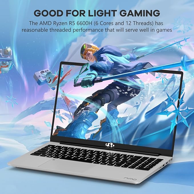 NIMO 15.6" IPS FHD-Gaming-Laptop, 6 Cores AMD Ryzen 5 6600H 64GB DDR5 RAM 1TB SSD (Beat i7-1165G7 up to 4.5GHz) 660M 6nm GPU-Computer with 100W Type-C Backlit Keyboard, Fingerprint