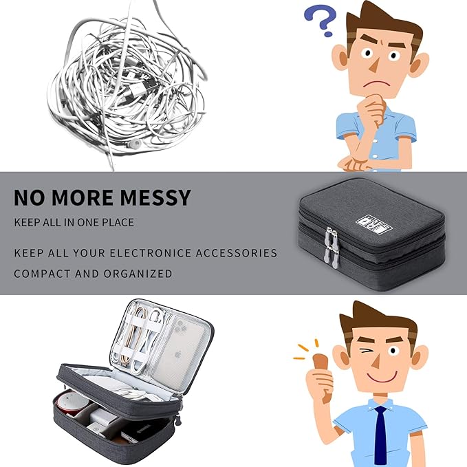 mygreen Electronics Travel Organizer, Watreproof Electronic Accessories Case Portable Double Layer Cable Storage Bag for Cord, Charger, Flash Drive, Phone, Ipad Mini, SD Card, Gifts for Him Black