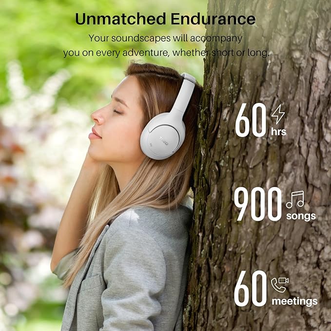 TOZO HT2 Hybrid Active Noise Cancelling Headphones, Wireless Over Ear Bluetooth Headset, 60H Playtime, Hi-Res Audio Custom EQ via App Deep Bass Comfort Fit Ear Cups, for Home Office Travel White