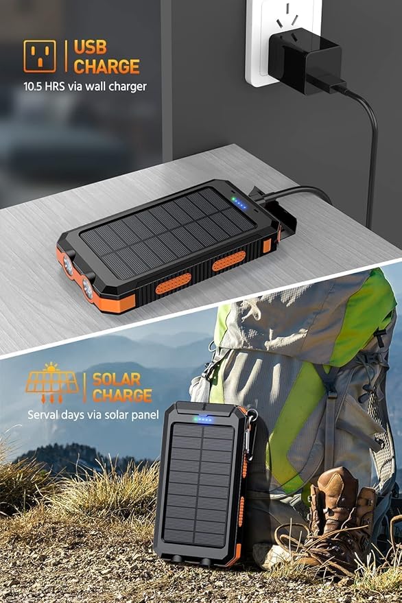 Power Bank,Solar Charger,36800mAh 5V3.1A QC 3.0 Dual 2 USB Port Built-in Powerful Flashlight IPX7 Waterproof Dustproof Shockproof(Orange)