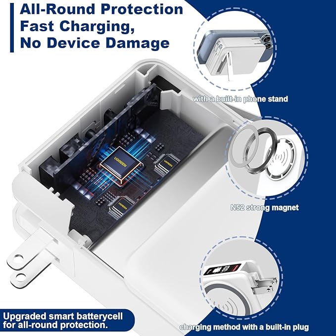 for Magsafe Portable Charger Power Bank 10000mAh, 22.5W Battery Pack Fast Charging Wall Plug Power Bank for iPhone Andriod Sumsung Travel Charger with Built in USB C & Lightning Cables