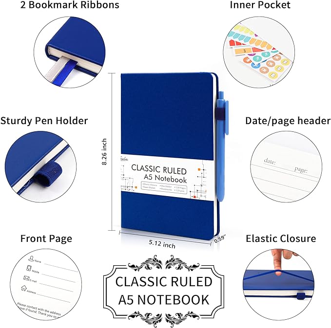 feela College Ruled Notebooks, 18 Pack Business Notebook Bulk Hardcover Lined Writing Journal with Pen Holder for Men Women Note Taking, with 18 Black Pens, 120 GSM, 5.1”x8.3”, A5, Navy