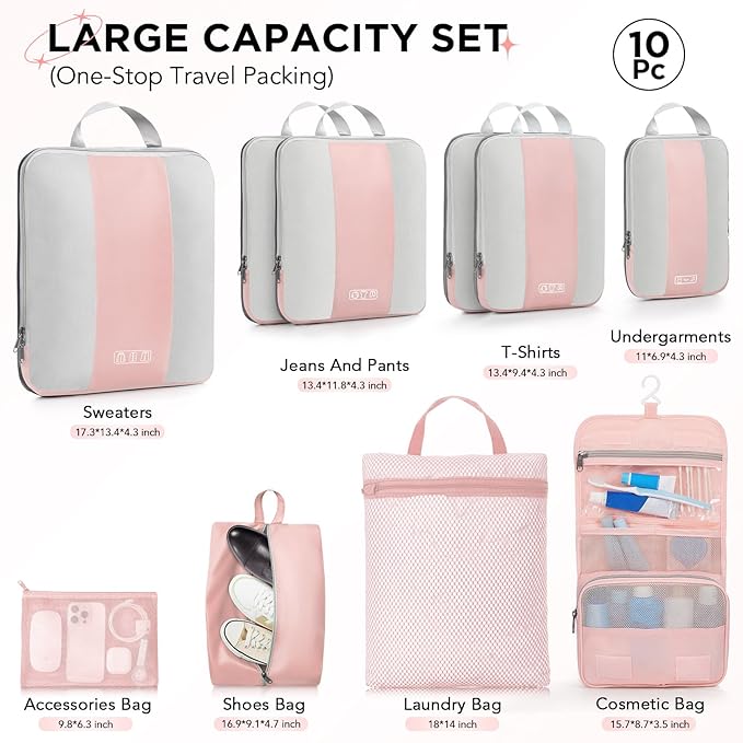 10 Set Compression Packing Cubes for Travel Essentials Women Mom,Compressible Expandable Packing Cubes for Suitcase,OlarHike Luggage Organizer Bags for Travel,Handy Helper for Organizing Clothes(Pink)