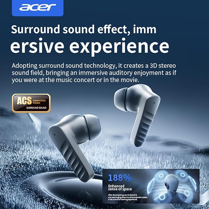 acer Wireless Earbuds Bluetooth Headphones, Hi-Fi Stereo Sound, Long Battery Life, Noise Cancelling with Charging Case for Sports & Working, Stereo Sound Headphones for iPhone/Android/iPad