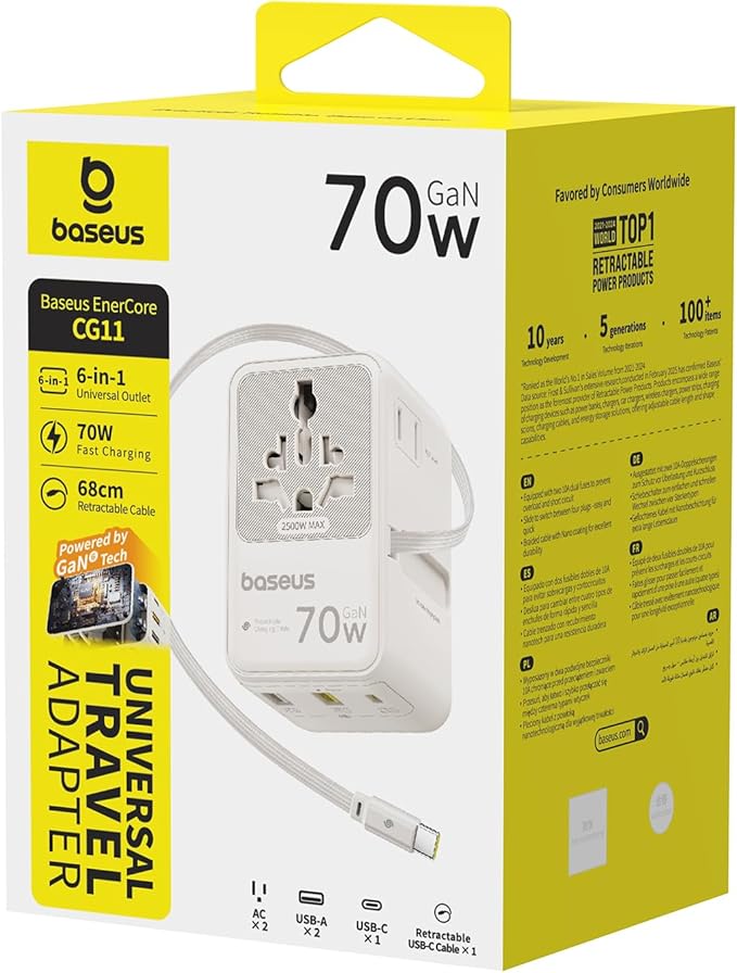 Baseus 70W Universal Travel Adapter with Retractable Cable, 6-in-1 International Plug Adapter, USB-C PD Fast Charging Worldwide Wall Charger for USA/EU/UK/AUS and Over 200 Countries (Off-White)