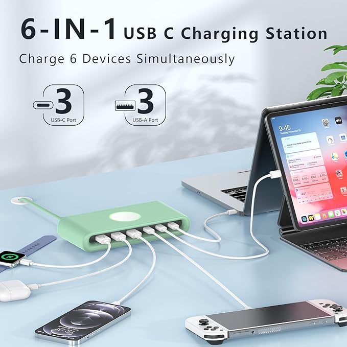 145W USB C Charging Station for Multiple Devices,6 Port USB C Hub Charger,Multi USB Charger Block for Laptop MacBook,HP,iPad,iPhone,Samsung,(Green, 145w)