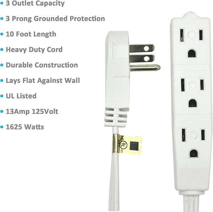 Flat Multiple Outlet Extension Cord 15 Ft for Indoor Use by Electes- UL-Listed 3-Prong Multi Extension Wire- Space-Saving Flat Angled Extension Cord- White..