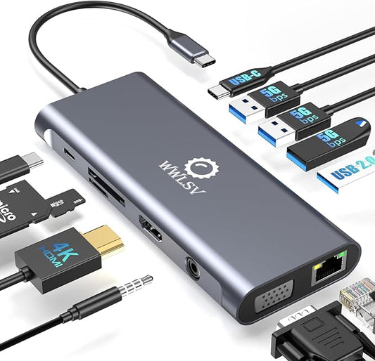 Laptop Docking Station, 12-in-1 USB C Hub – Dual Monitor with 1x 4K@60Hz HDMI, VGA, 100W PD, Ethernet, 3× USB 3.0, USB-C Data Port, SD/TF Card Reader, Audio – Compatible with MacBook, Dell, HP, Lenovo