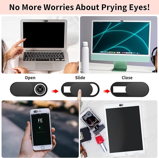 Laptop Camera Cover Slide Cute, Ultra Thin Webcam Cover for iPhone iPad MacBook Pro Computer iMac Cell Phone PC Accessories, Camera Blocker Slider, Great for Privacy (3 Small Black+3 Large Black)