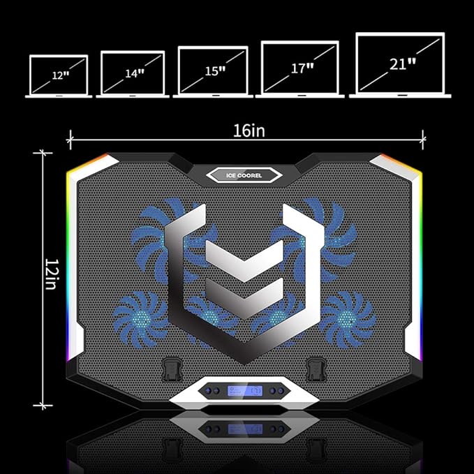 ICE COOREL Gaming Laptop Cooling Pad 15-17.3 Inch, Laptop Fan with 6 RGB Cooling Fans, Laptop Cooling Stand with 6 Height Adjustable, Laptop Cooler with LCD Screen, 2 USB Ports, Phone Stand