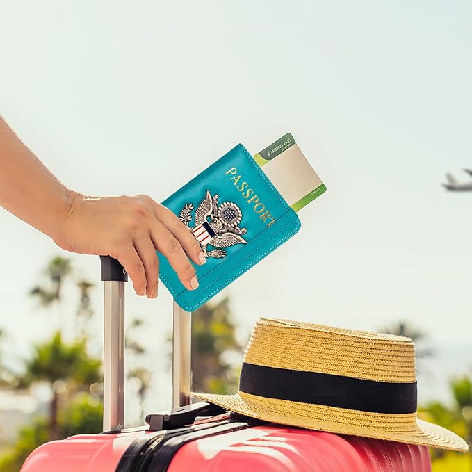 TOURSUIT RFID Blocking Passport Holder for Women Men, Leather Passport Travel Wallet with Metal 3D Metal Badge, Travel Document Holder Cover Accessories (Light Blue)