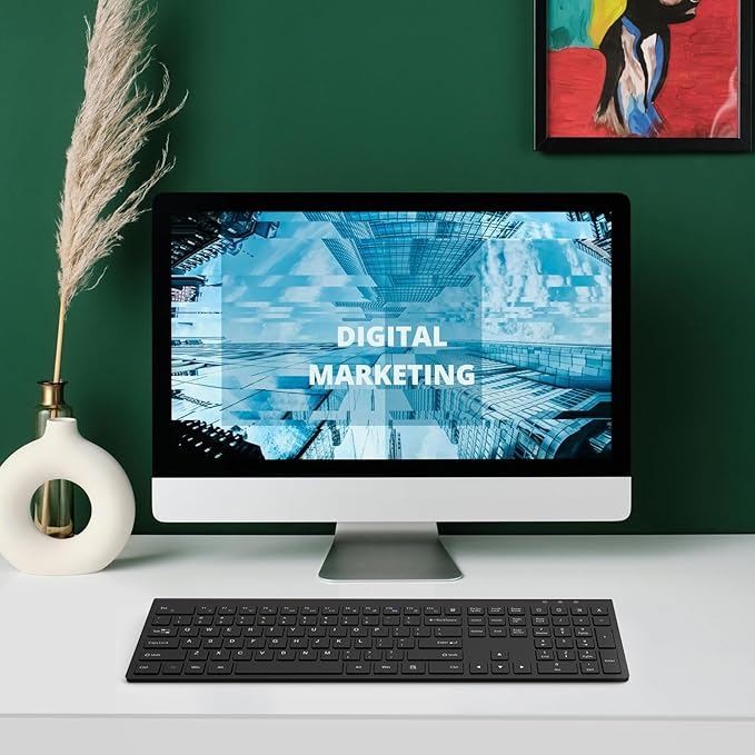 Wireless Keyboard, 2.4G USB Slim Silent Cordless Keyboard for Windows Chrome Laptop Computer PC Desktop Notebook Chromebook, 12 Multimedia Keys, Fn Lock, 110 Keys Full Size with Number Pad - Black ﻿