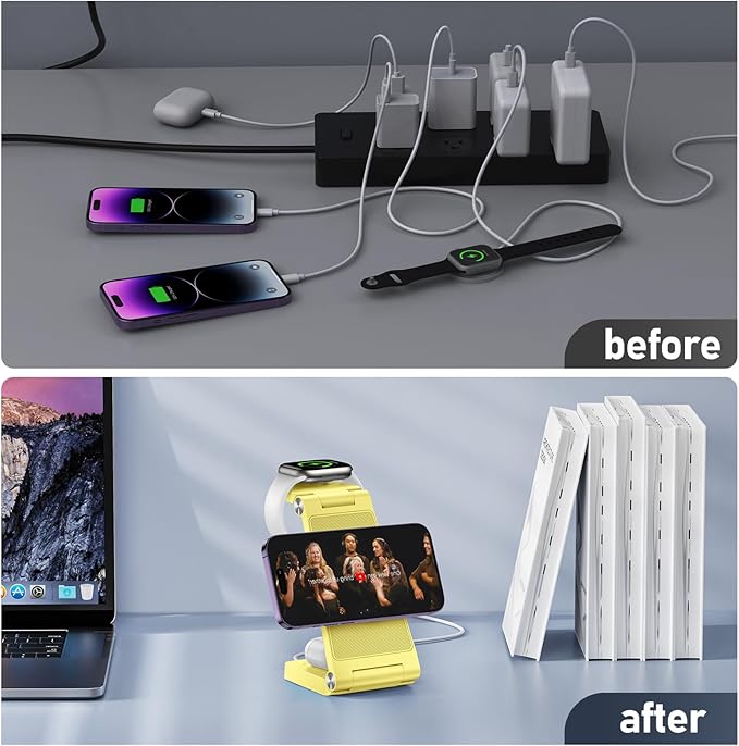 Magnetic Wireless Charger Stand, 3 in 1 Foldable Wireless Charging Station, Travel Charger for Multiple Devices for iPhone 16 15 14 13 12 Series, Apple Watch Ultra/SE/9/8/7/6/5/4/3/2, AirPods