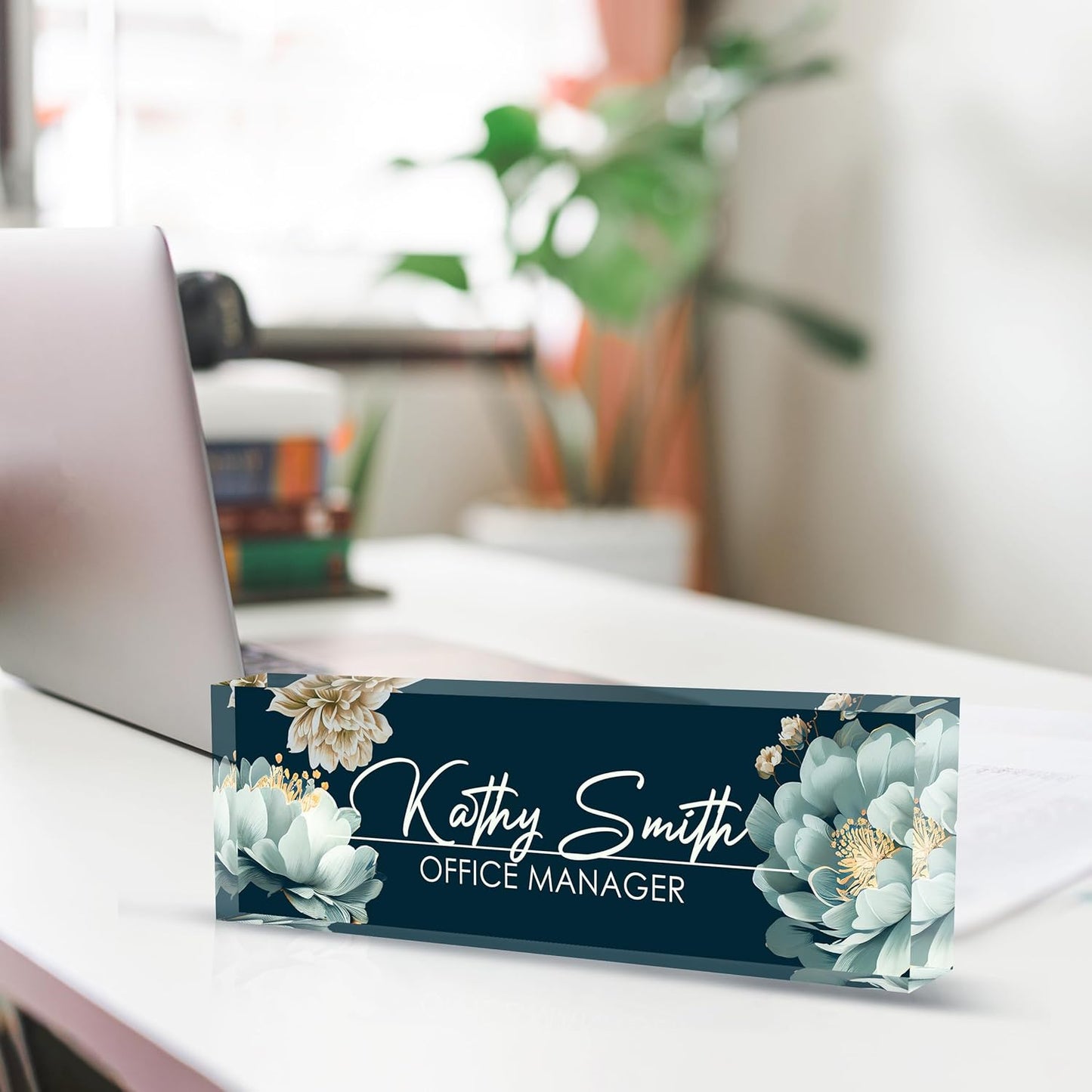 Personalized Name Plate for Desk, Custom Desk Name Plate, Acrylic Name Plate Office Desk Accessories, Personalized Office Gifts for Coworkers Teachers, Employee Appreciation Gifts (B-White Flower)