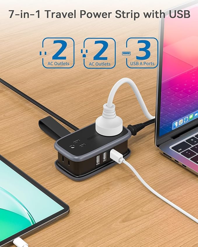 Travel Power Strip with USB Ports, NTONPOWER 4ft Flat Plug Wrapped Around Short Extension Cord with 4 Outlets 3 USB Ports, Compact for Cruise Travel Essential Hotel Home Office, Black