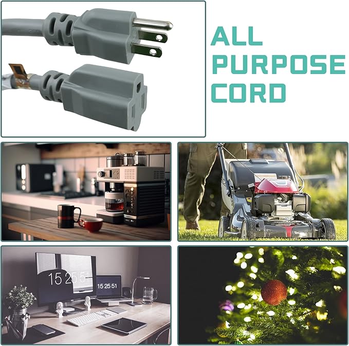 25 Ft Outdoor Extension Cord - 12/3 SJTW Heavy Duty Grey Extension Cable with 3 Prong Grounded Plug - Power Cord for Lawn, Garden, Appliances