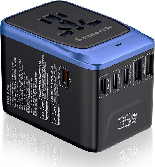 Universal Travel Adapter, PD 35W 7 in 1 International Power Plug Adapter with 7.0A 4 USB-C and 2 USB-A Fast Wall Charger, Worldwide AC Outlet for US Europe UK AUS (Black+Blue)