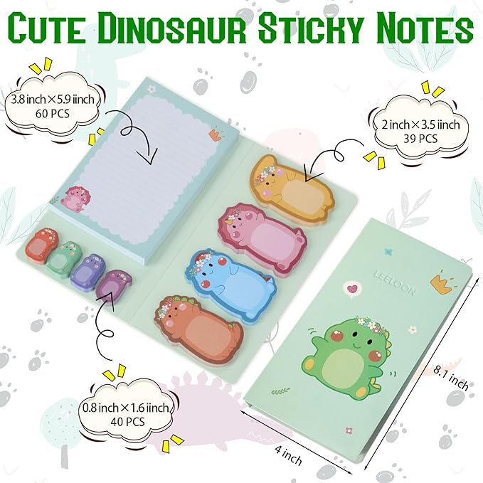 Dinosaur Sticky Notes Set, 360 Sheets Cute Cartoon Animal Dinosaur Self-Stick Notes Pads Dinosaur Themed Memo Pads Dinosaur Shaped Page Markers Index Tabs for Students Office School Supplies
