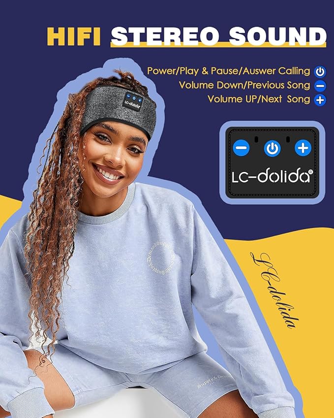 LC-dolida Sleep Headphones Bluetooth Headband Wireless Headband Headphones with Thin HD Stereo Speakers Perfect for Side Sleepers, Sport, Yoga, Travel (Fashion Grey)