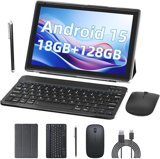 Android 15.0 10Inches Tablet, 18GB RAM+128GB ROM+2TB Expandable, Tab Set with Keyboard/Case/Mouse/Stylus, 2.0GHz Quad-core Processor, 1280 * 800 IPS HDScreen, 5G WiFi6 BT 5.0 (Black)