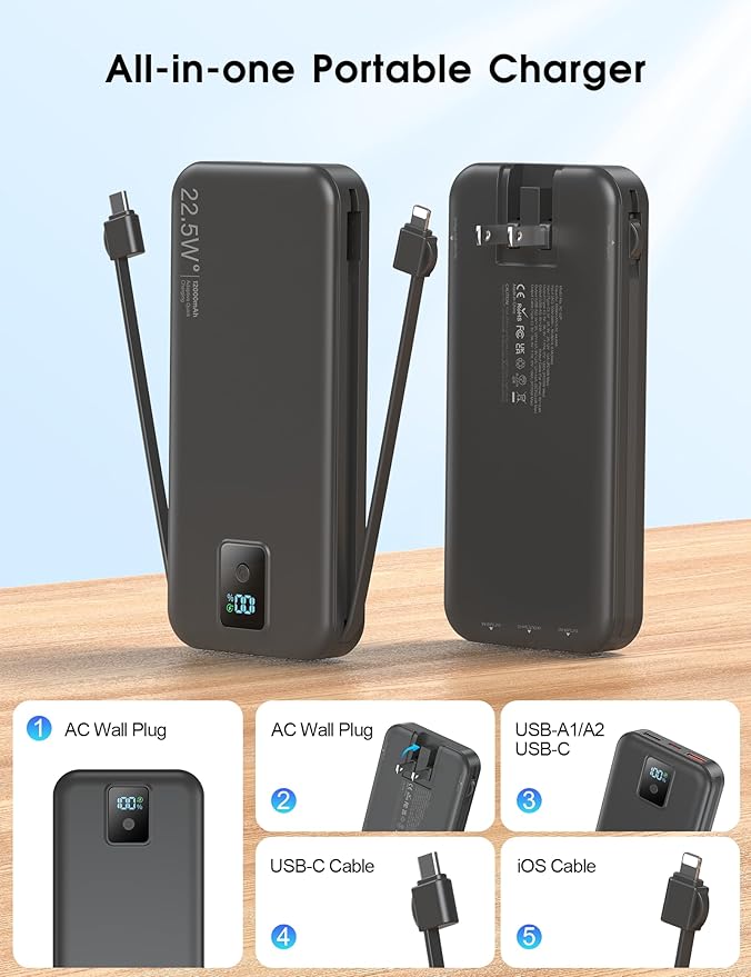 Portable Power Bank, 12000mAh 22.5W Fast Charging Phone Charger with Built-in Cables & Wall Plug, Travel Essential Battery Pack with LED Display, USB C Battery Charging Bank for iPhone, Samsung Black