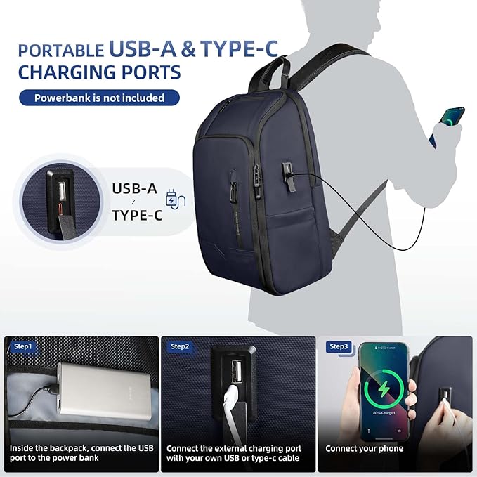 Business Backpack Computer Bag for 15.6 Inch Laptop for Men Women with USB Charging Port Water-Resistant Anti-theft Luggage Backpack Suitcase Casual Daypack for College Weekender Hikking Travel-Blue