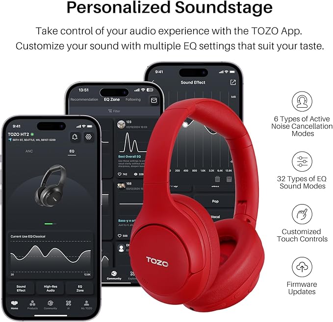 TOZO HT2 Hybrid Active Noise Cancelling Headphones, Wireless Over Ear Bluetooth Headset, 60H Playtime, Hi-Res Audio Custom EQ via App Deep Bass Comfort Fit Ear Cups, for Home Office Travel Dark Red