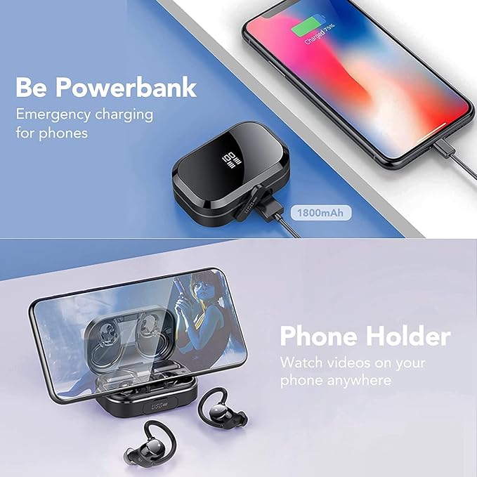 KT1 Bluetooth Headphones Wireless Earbuds 120hrs Playtime Wireless Charging Case Digital Display, Ear Buds with Earhook,IPX7 Waterproof, Deep Bass 2.0,Over-Ear Earphones for Sport Running
