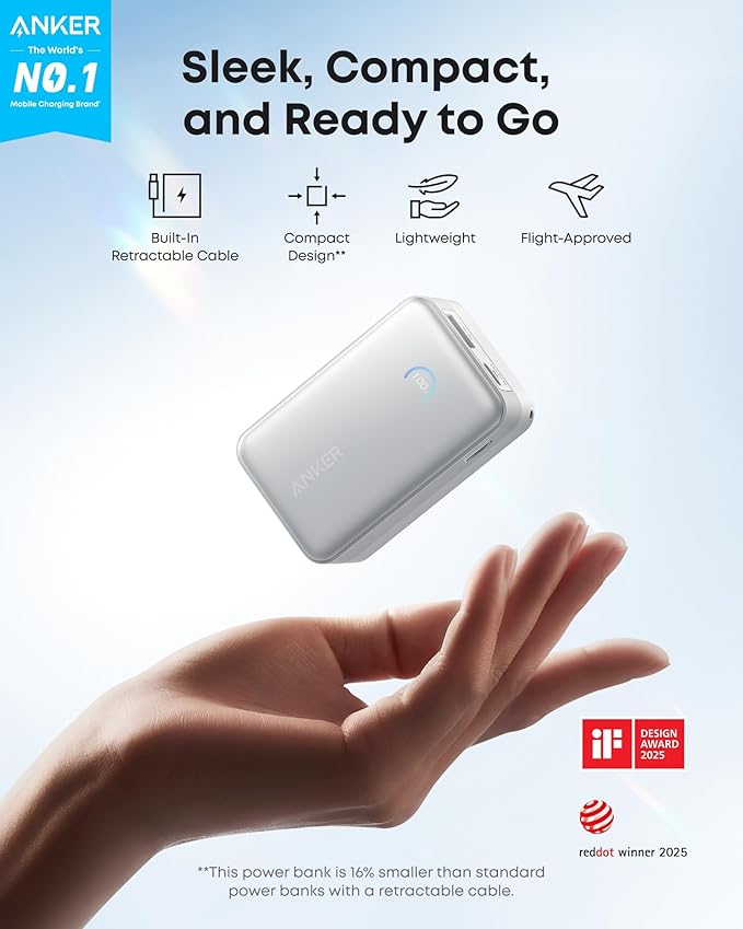 Anker Nano Portable Charger, 10,000mAh 45W Max Compact Power Bank, Travel Essential Phone Battery Pack with 2.3 ft InstaCord Retractable Cable for iPhone 17/16 Series, iPad, Galaxy, Pixel, and More