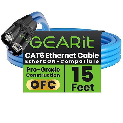 GEARit Shielded CAT6 Ethercon Cable (15 Feet) Professional Audio & Lighting RJ45 EtherCON-Compatible Cable for Studio, Stage, Concerts - 15ft Blue