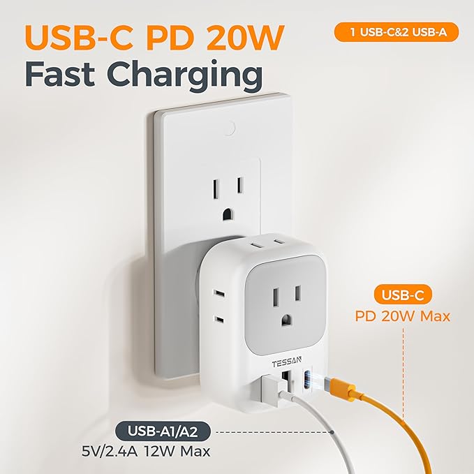 TESSAN USB C Charger Block 20W PD, Fasting Charging Electrical Outlet Extender with 4 Box Splitter and 3 USB Ports, 4 Side Multi Plug Wall Outlet for Cruise Home Office Dorm Room