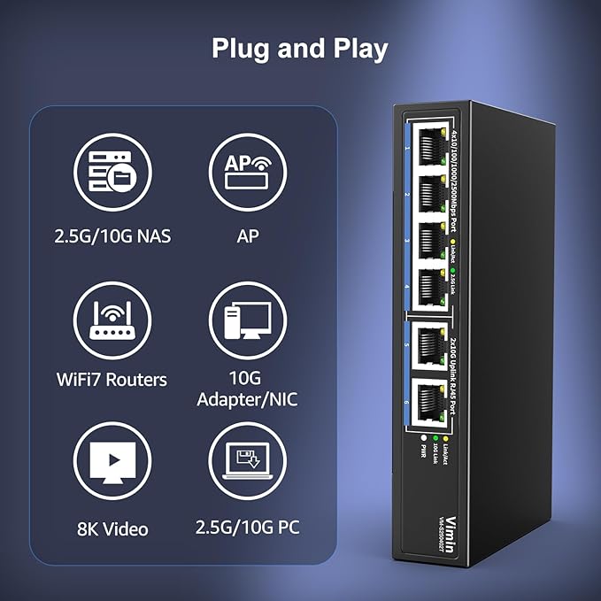 6-Port 10G/2.5G Ethernet Switch with Dual 10GBASE-T, Vimin 4X 2.5G +2 x 10Gb RJ45 Ports Unmanaged Switch, 60Gbps Capacity, 10G Switch Desktop/Wall Mount Network Switch for NAS, PC, Wireless AP