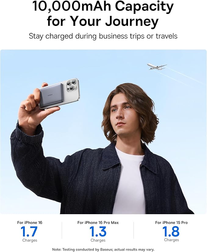 Baseus Picogo Magsafe Portable Charger, Qi2 15W 0.5" Ultra Slim 10000mAh Wireless Power Bank, 27W Fast Charging Magnetic Battery Pack with USB-C for iPhone 17 Pro Max/17 Pro/Air/16/15/14/13/12