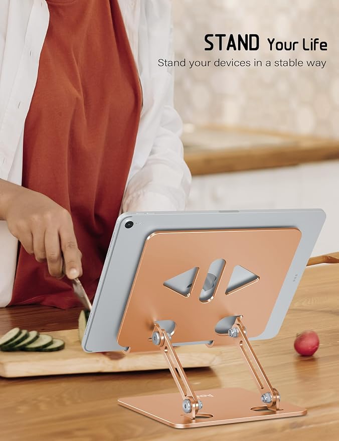 Tablet Stand Holder for Desk Adjustable Tablet Holder, Foldable Aluminum Desktop Tablet Holder for iPad Samsung Galaxy Tabs Amazon Kindle Fire,All Tablets 4-12 inch, Gold