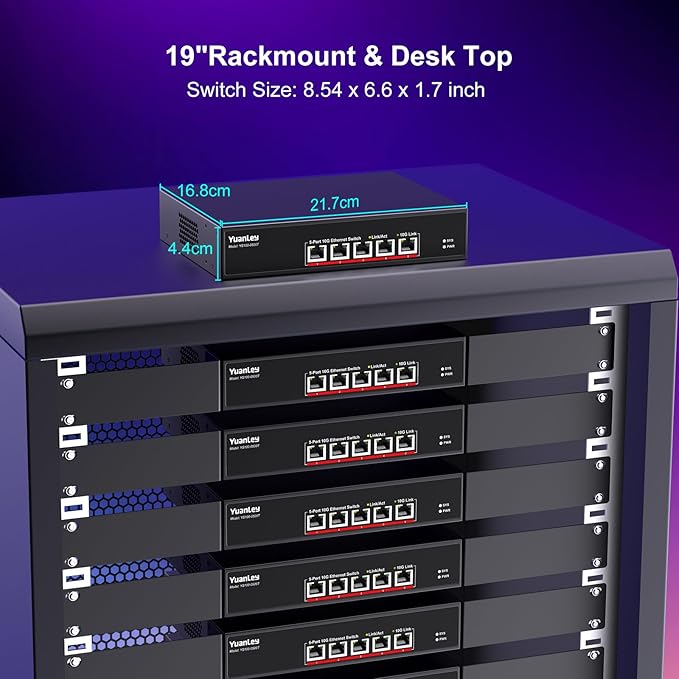YuanLey 5 Port 10G Ethernet Switch, 5 x 10Gbps RJ45 Ports, Support 10G/5G/2.5G/1G/100Mbps Speed Auto-Negotiation, 100Gbps Switching Capacity, Unmanaged Switch Rackmountable, Plug and Play