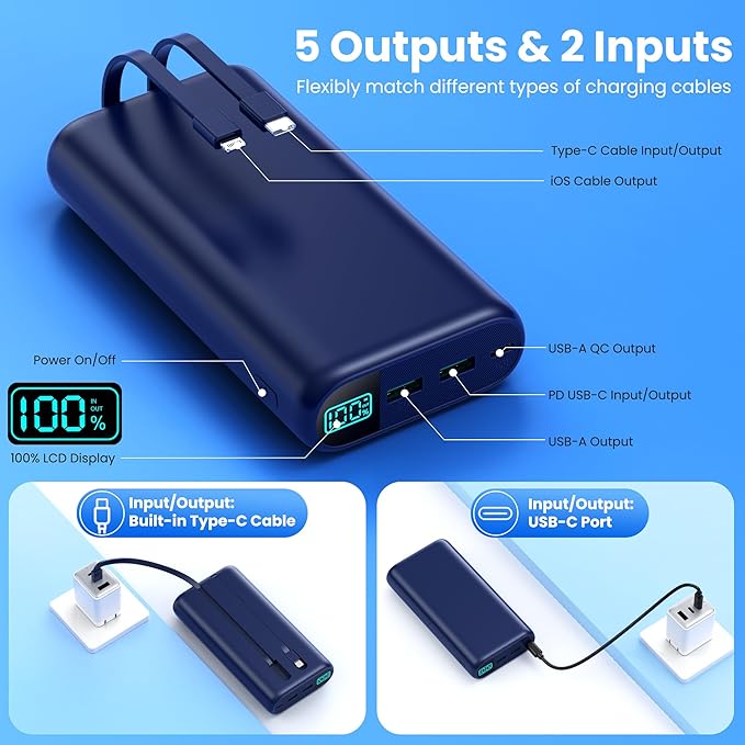 Portable Charger 40,800mAh Power Bank with Built-in Cables,5 USB Output Battery Pack Backup,25W PD USB-C in&out Phone Charging Compatible with iPhone 16/15 Pro,Android Samsung Galaxy Pixel Nexus-Blue