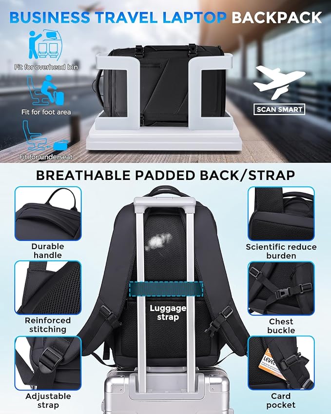 30L Travel Backpack for Men, Flight Approved Carry on Backpack Fits 17 inch Laptop, Water-resistant Large Luggage Weekender Bag Daypack for Traveling, Sports, Business, Black