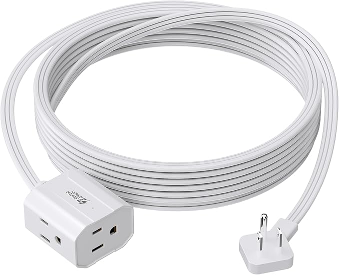 Extension Cord 15ft SUPERDANNY Mini Power Strip Ultra Right Angled Flat Plug for Tight Spaces,Indoor Extension with 3 Outlets,for Office Home Appliances,Non Surge Protector for Travel Cruise,White