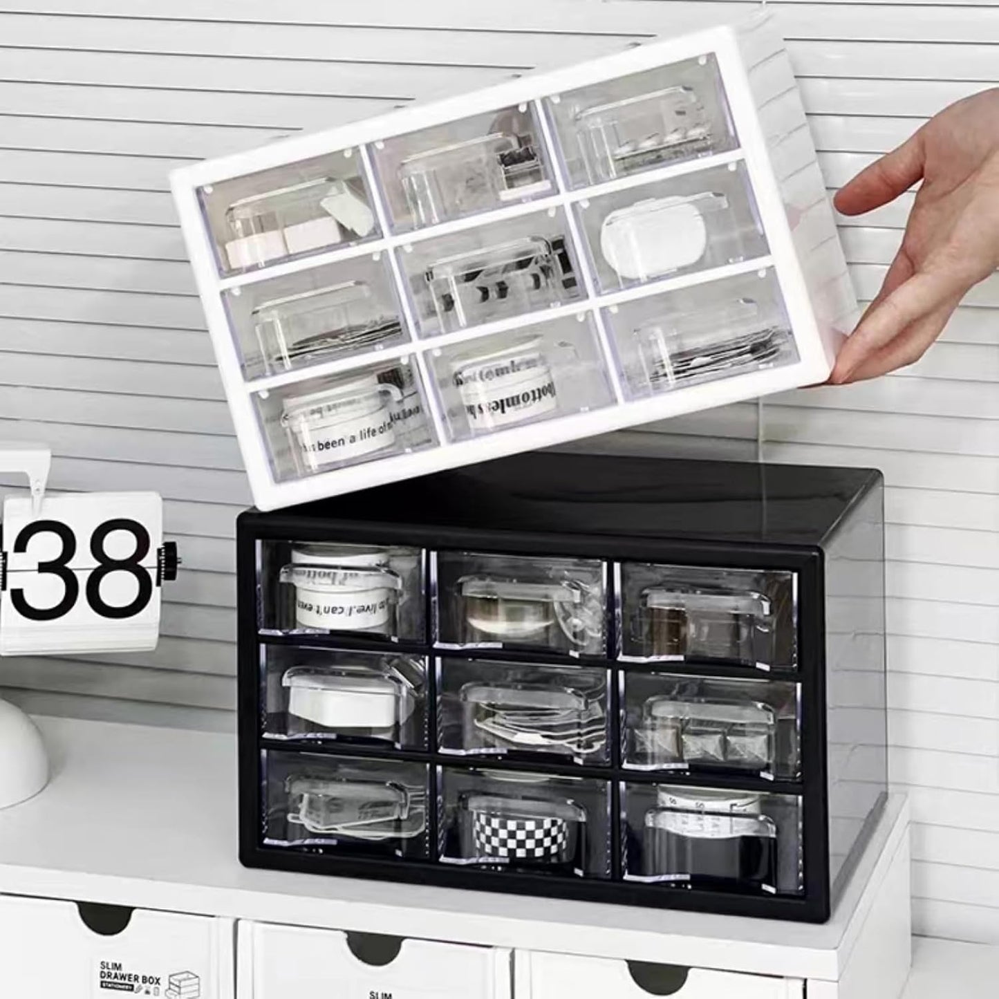 Feadily 1PCS Large Drawer Organizer for Desk, Desktop Drawer Organizer with 9 Clear Drawers, Plastic Desktop Storage Drawers 10.04 Inch x 6.30 Inch x 6.10 Inch, Black