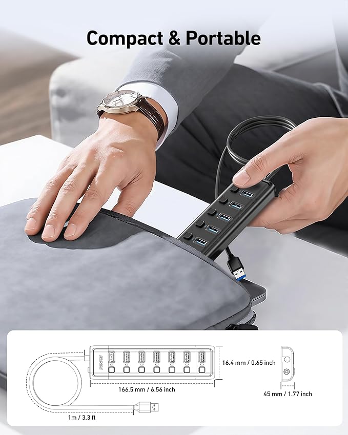 BENFEI USB 3.0 Hub 7-Port, Ultra-Slim Portable USB Splitter with 3.3ft Cable - Compatible with MacBook Pro/Air,Mac Pro, Mac Mini, iMac, Surface Pro, XPS, PC, Flash Drive, Mobile HDD (No Charging Port)