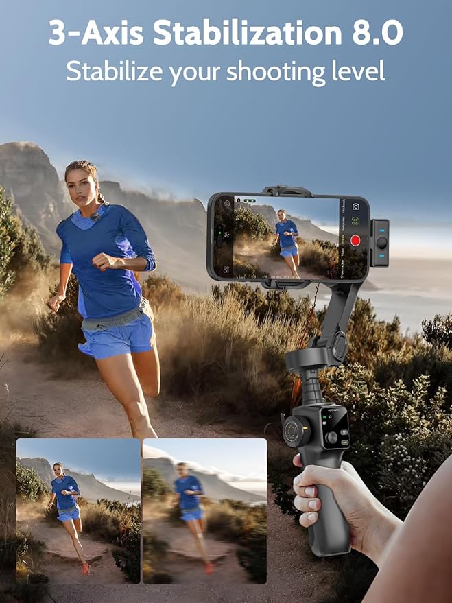 AOCHUAN Gimbal Stabilizer for iPhone & Android,3-Axis Phone Gimbal w/Wireless Lavalier Microphone,Built-in 7.8" Extension Pole,OLED Display,Phone Stabilizer for Video Recording TikTok(V8 Mic Kit)