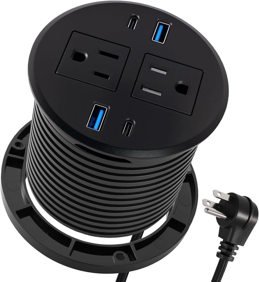 6 in 1 Desk Power Grommet Dia 3.15‘’(80mm), 40W Recessed Power Strip with Dual 20W USB-C Fast Charging, Flush Mount USB Outlet for Desk, Tables&Furniture, fits 3-1/5'' ~ 3-3/8'' Hole (1 Pack)