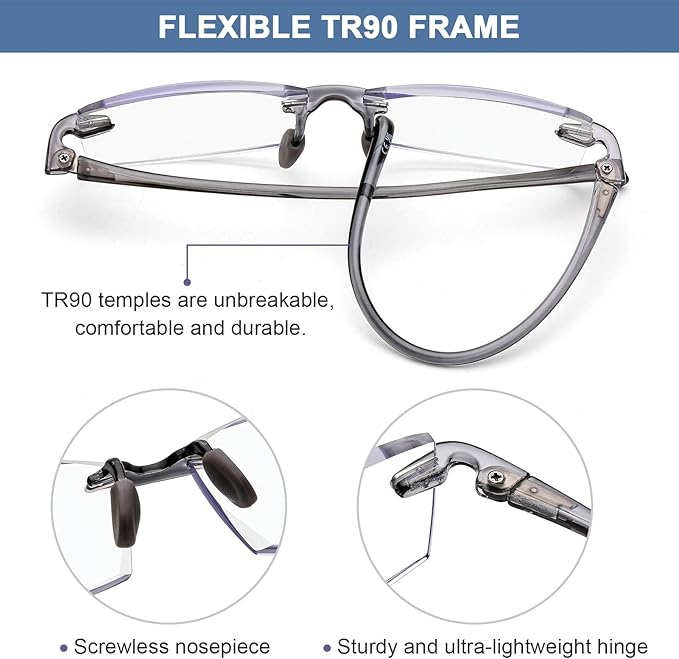 AQWANO Rimless Reading Glasses for men Women TR90 Ultralight Frameless Readers Fashion Designer Computer Anti-reflective Blue Light Blocking,1.0