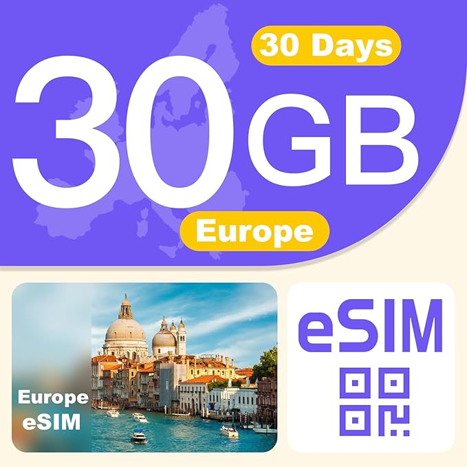 Europe eSIM Card 30GB 30Days - 4G LTE High-Speed Network, Prepaid eSIM for 31 Countries, Hotspot Support, High Coverage Multi-Carrier for Unlocked iPhone and Android,No Contract No SIM Card