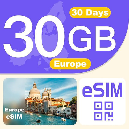 Europe eSIM Card 30GB 30Days - 4G LTE High-Speed Network, Prepaid eSIM for 31 Countries, Hotspot Support, High Coverage Multi-Carrier for Unlocked iPhone and Android,No Contract No SIM Card