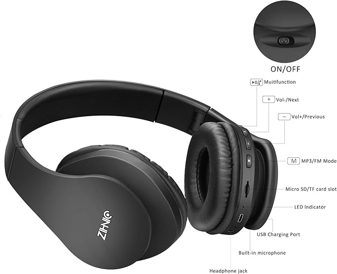 ZIHNIC Bluetooth Headphones Over-Ear, Foldable Wireless and Wired Stereo Headset Micro SD/TF, FM for Cell Phone,PC,Soft Earmuffs &Light Weight for Prolonged Wearing (Black)