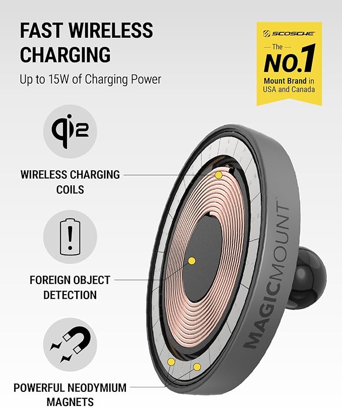 Scosche MagicMount Charge Pro Qi2 Home/Office MagSafe Suction Mount, 15W Fast Wireless Charger Magnetic Cell Phone Holder Compatible with iPhone 16/15/14/13/12 Pro Max Plus and Samsung Galaxy S25
