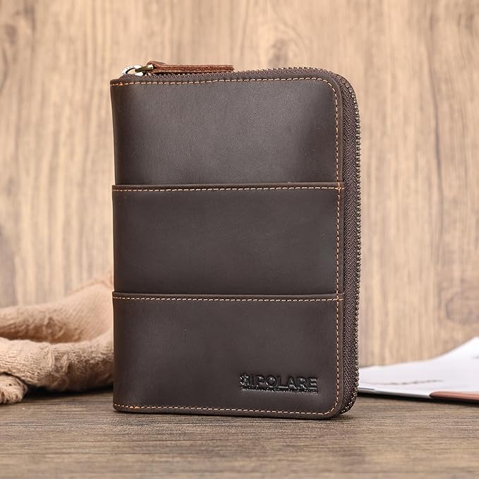 Polare Full Grain Leather Travel Passport Wallet with YKK Zipper and RFID Blocking Document Organizer Holder 2 Passports (Dark Brown with AirTag Slot)
