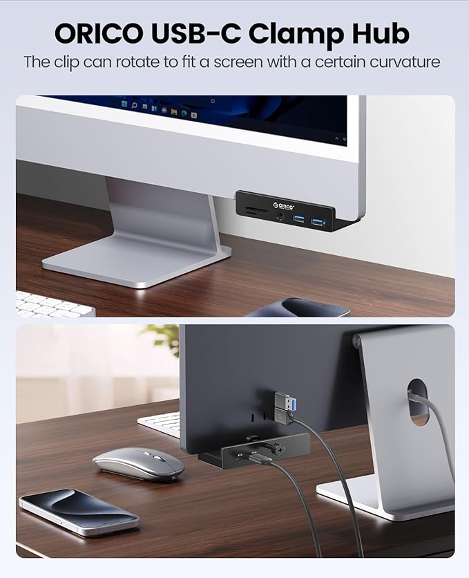 ORICO USB Hub 3.0, Clamp USB Hub with Extra Power Port, Aluminum USB C Adapter with 2 USB-A Data Ports,3.5mm AUX, SD/TF Card Reader for Desktop(Black)